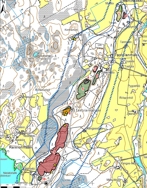Tastulanmäen pohjavesialueelta (kuva 36-37) kartoitettiin 11 soranottoaluetta.