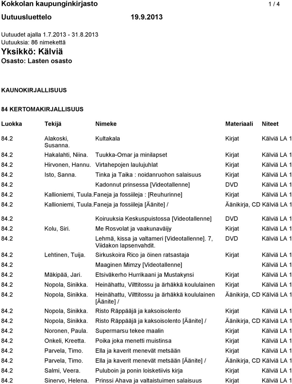 2 Isto, Sanna. Tinka ja Taika : noidanruohon salaisuus Kirjat Kälviä LA 1 84.2 Kadonnut prinsessa [Videotallenne] DVD Kälviä LA 1 84.2 Kallioniemi, Tuula.