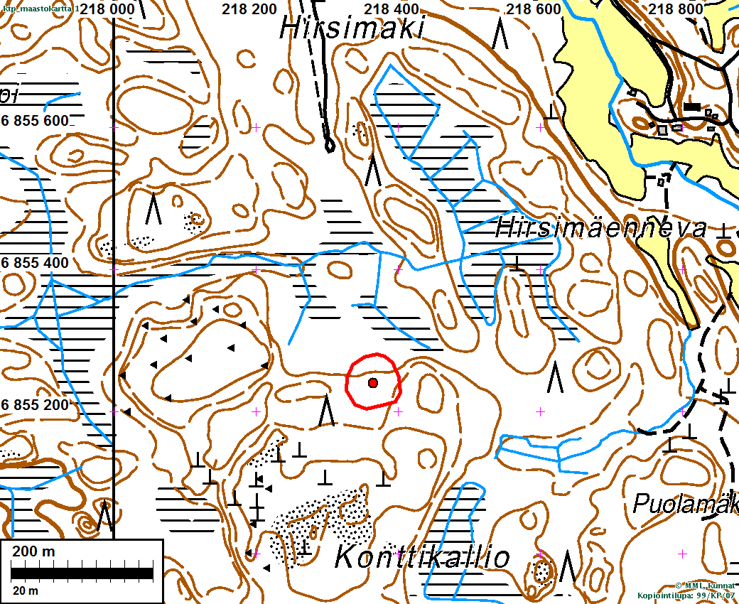 18 Konttikallion asumusjäännös merkittynä punaisella pallolla.