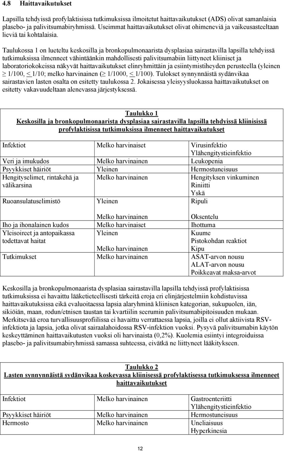 Taulukossa 1 on lueteltu keskosilla ja bronkopulmonaarista dysplasiaa sairastavilla lapsilla tehdyissä tutkimuksissa ilmenneet vähintäänkin mahdollisesti palivitsumabiin liittyneet kliiniset ja