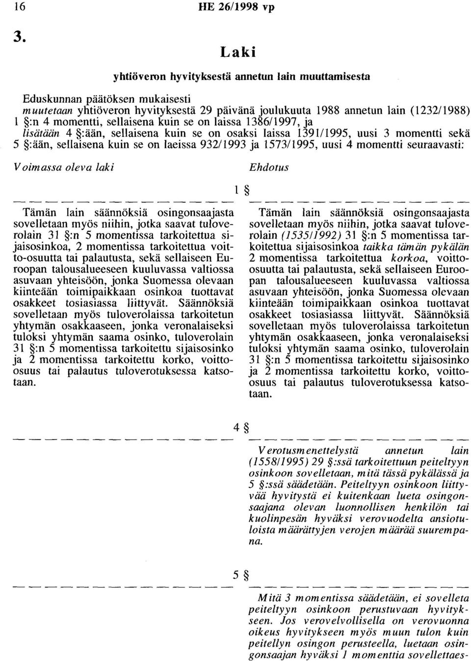 sellaisena kuin se on laissa 138611997, ja lisätään 4 :ään, sellaisena kuin se on osaksi laissa 1391/1995, uusi 3 momentti sekä 5 :ään, sellaisena kuin se on laeissa 932/1993 ja 1573/1995, uusi 4