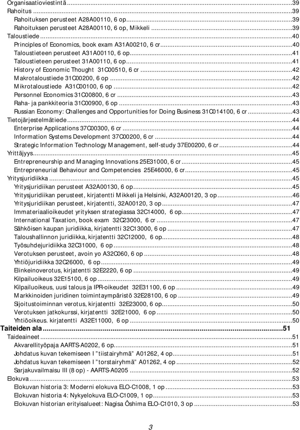 ..42 Makrotaloustiede 31C00200, 6 op...42 Mikrotaloustiede A31C00100, 6 op...42 Personnel Economics 31C00800, 6 cr...43 Raha- ja pankkiteoria 31C00900, 6 op.