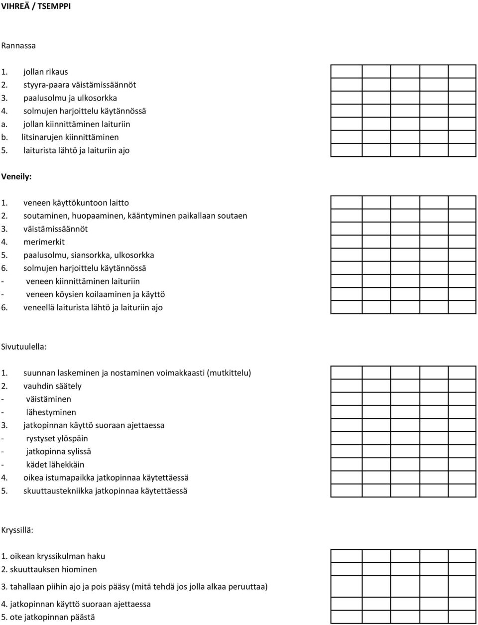 paalusolmu, siansorkka, ulkosorkka 6. solmujen harjoittelu käytännössä - veneen kiinnittäminen laituriin - veneen köysien koilaaminen ja käyttö 6.