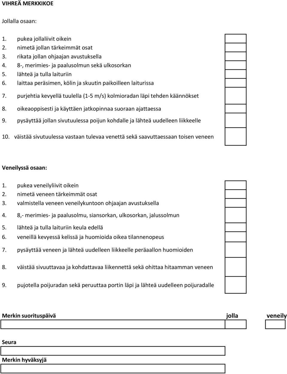 oikeaoppisesti ja käyttäen jatkopinnaa suoraan ajattaessa 9. pysäyttää jollan sivutuulessa poijun kohdalle ja lähteä uudelleen liikkeelle 10.