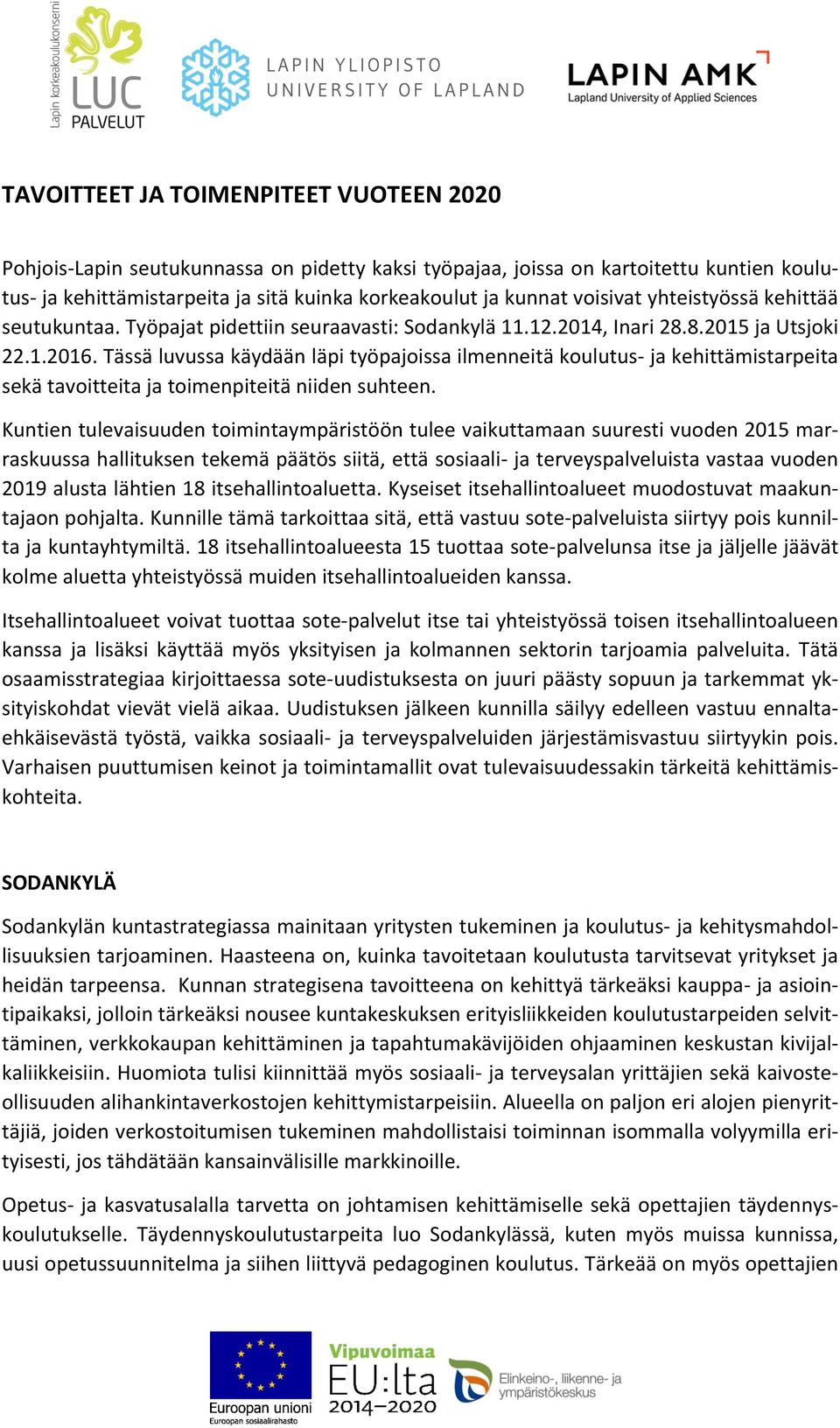 Tässä luvussa käydään läpi työpajoissa ilmenneitä koulutus- ja kehittämistarpeita sekä tavoitteita ja toimenpiteitä niiden suhteen.