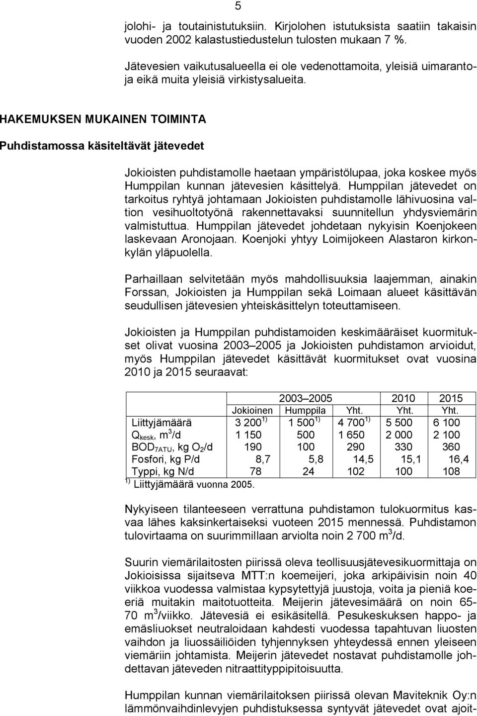 HAKEMUKSEN MUKAINEN TOIMINTA Puhdistamossa käsiteltävät jätevedet Jokioisten puhdistamolle haetaan ympäristölupaa, joka koskee myös Humppilan kunnan jätevesien käsittelyä.