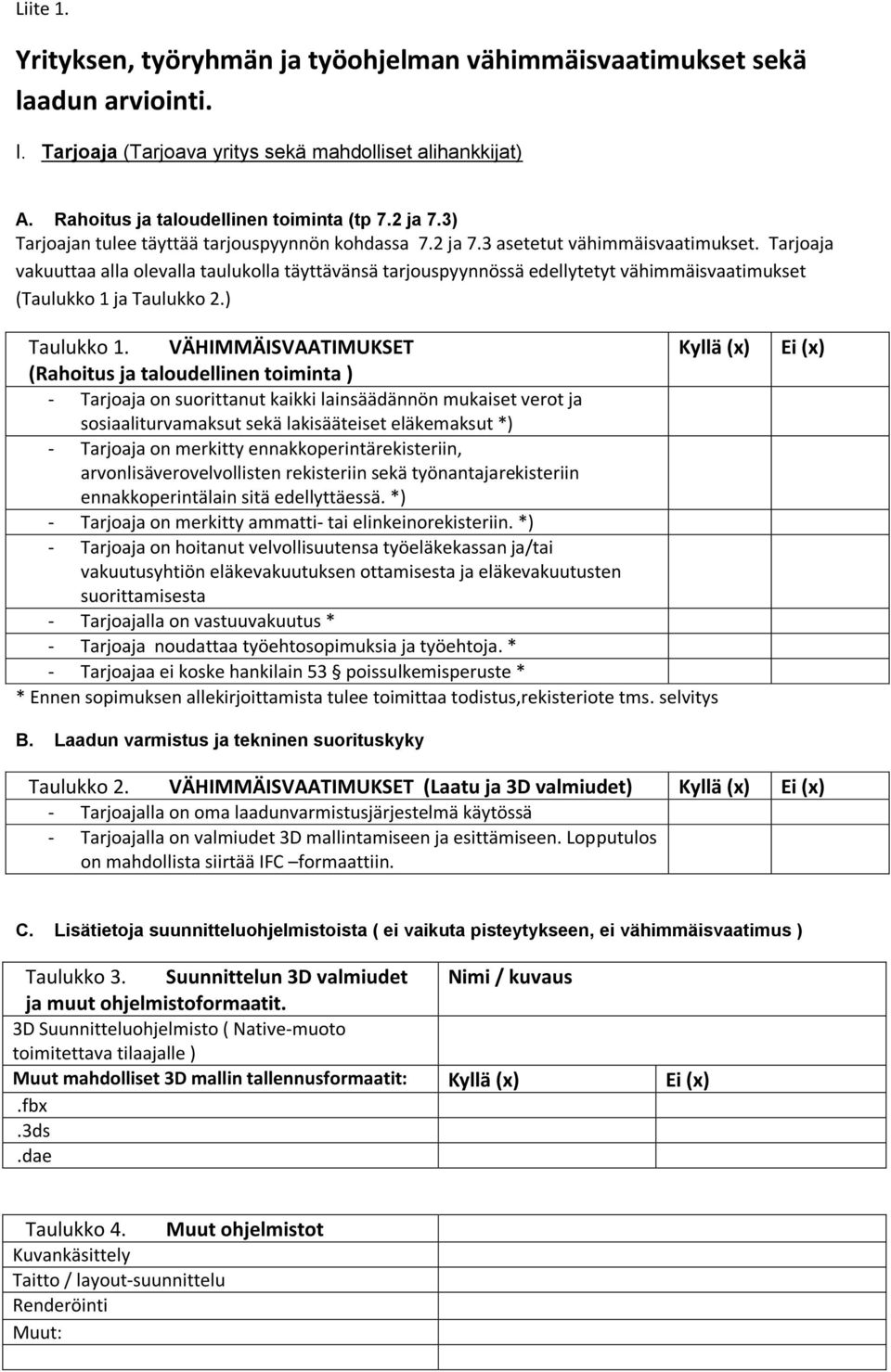 VÄHIMMÄISVAATIMUKSET (Rahoitus ja taloudellinen toiminta ) Kyllä () Ei () - Tarjoaja on suorittanut kaikki lainsäädännön mukaiset verot ja sosiaaliturvamaksut sekä lakisääteiset eläkemaksut *) -