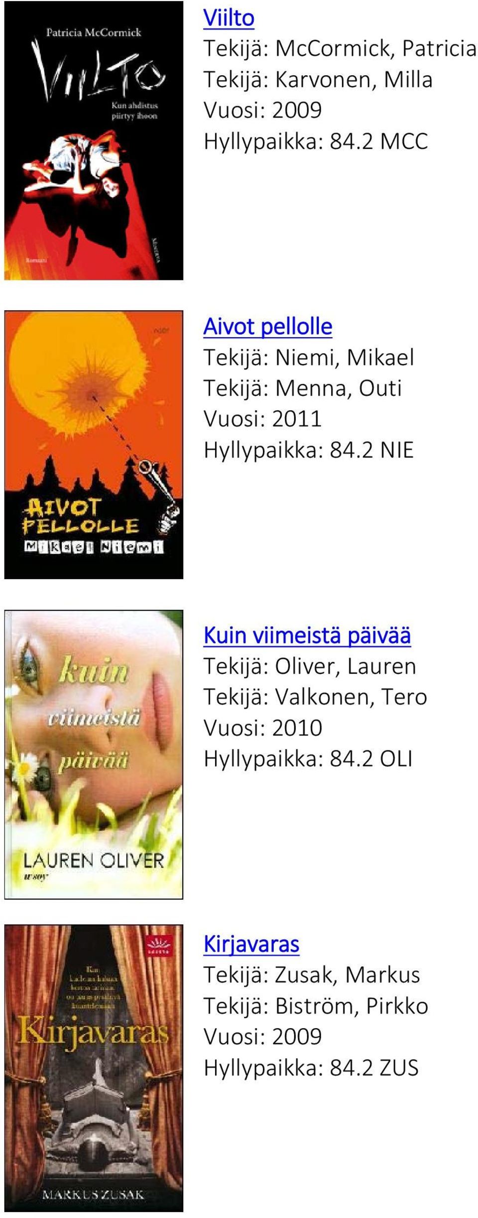 2 NIE Kuin viimeistä päivää Tekijä: Oliver, Lauren Tekijä: Valkonen, Tero Vuosi: 2010