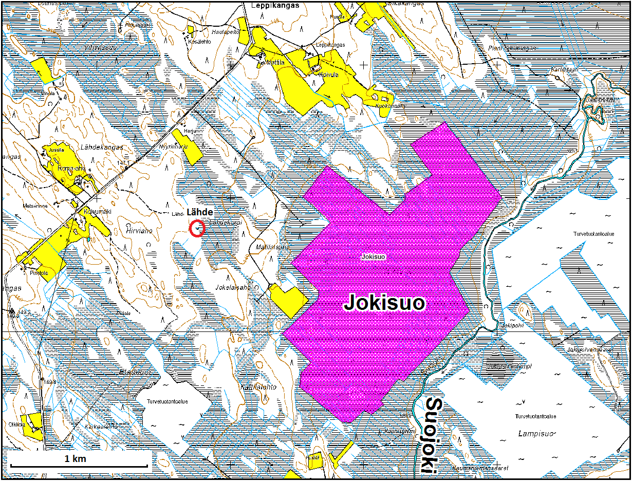 Kuva 25. Lähteen sijainti Jokisuon hankealueen länsipuolella. 6.6 Pintavedet Suunniteltu turvetuotantoalue sijoittuu Vuoksen vesistön (04) Iisalmen reitin (04.