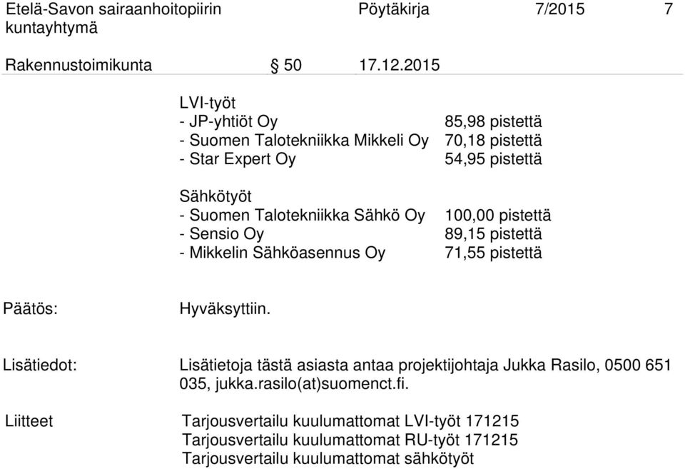 Talotekniikka Sähkö Oy 100,00 pistettä - Sensio Oy 89,15 pistettä - Mikkelin Sähköasennus Oy 71,55 pistettä Päätös: Hyväksyttiin.