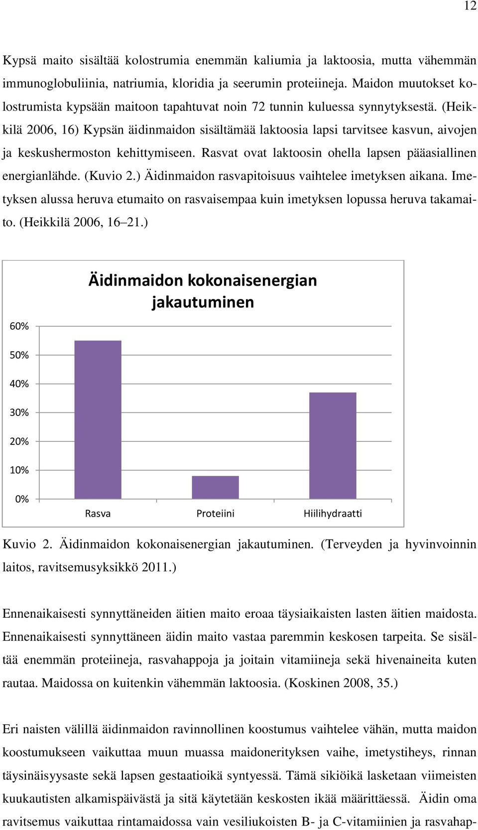 (Heikkilä 2006, 16) Kypsän äidinmaidon sisältämää laktoosia lapsi tarvitsee kasvun, aivojen ja keskushermoston kehittymiseen. Rasvat ovat laktoosin ohella lapsen pääasiallinen energianlähde. (Kuvio 2.