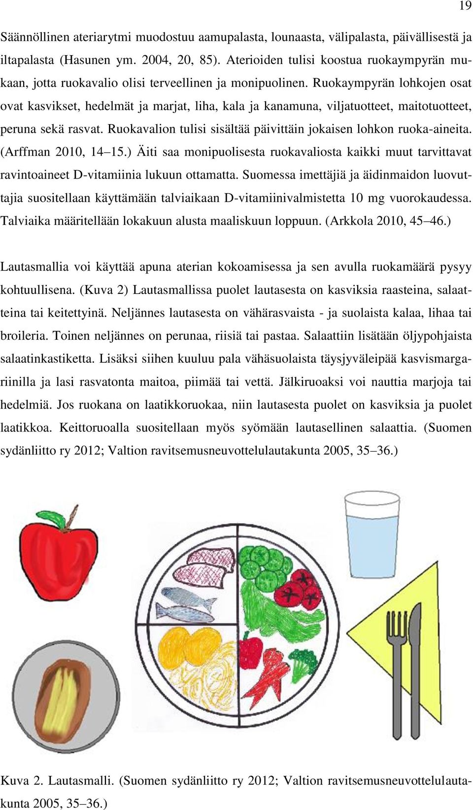 Ruokaympyrän lohkojen osat ovat kasvikset, hedelmät ja marjat, liha, kala ja kanamuna, viljatuotteet, maitotuotteet, peruna sekä rasvat.