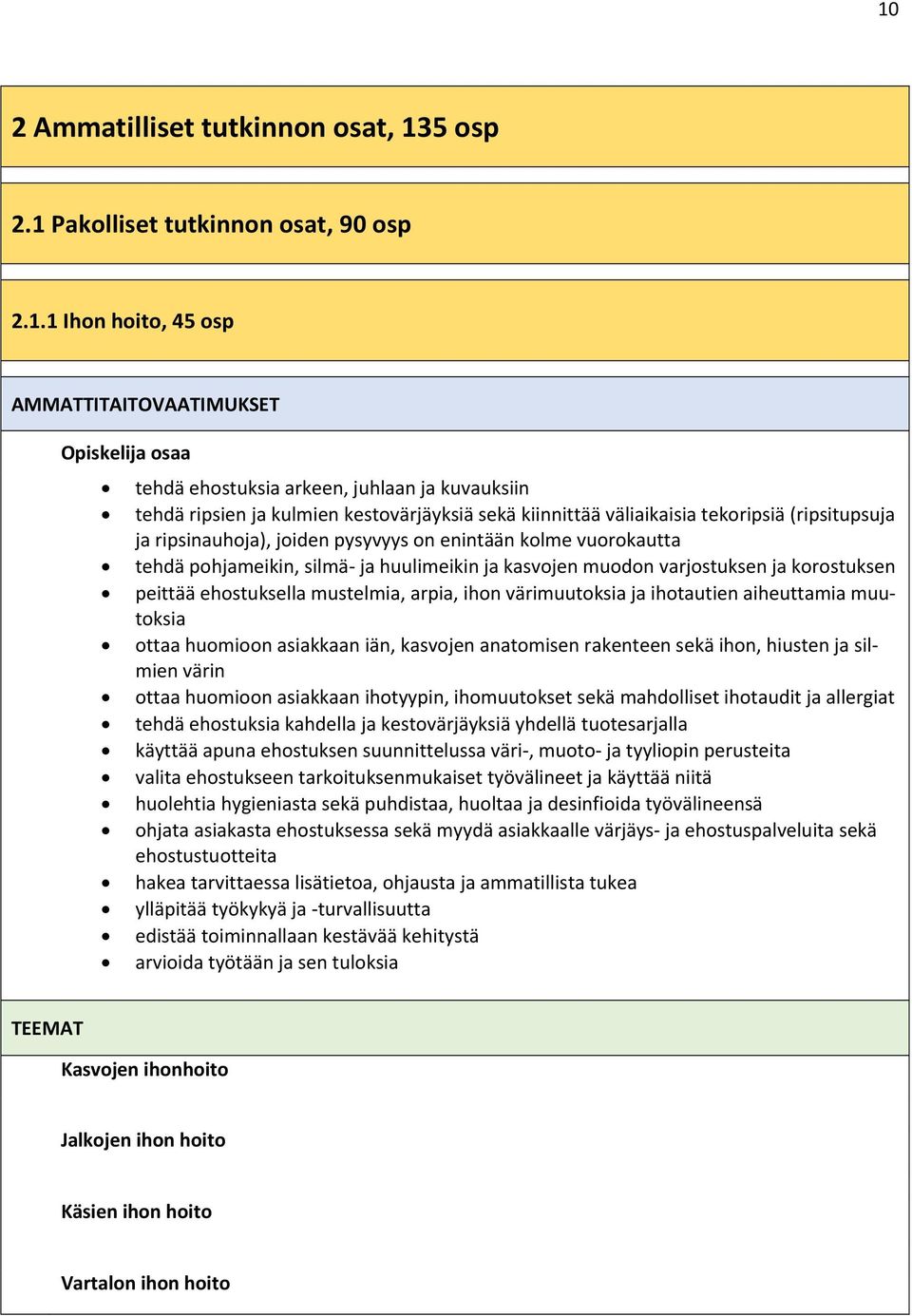 kasvojen muodon varjostuksen ja korostuksen peittää ehostuksella mustelmia, arpia, ihon värimuutoksia ja ihotautien aiheuttamia muutoksia ottaa huomioon asiakkaan iän, kasvojen anatomisen rakenteen