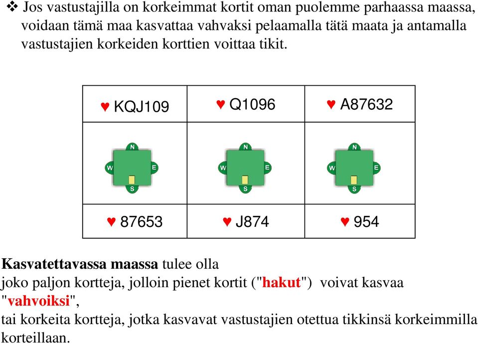 KQJ109 Q1096 A87632 87653 J874 954 Kasvatettavassa maassa tulee olla joko paljon kortteja, jolloin pienet