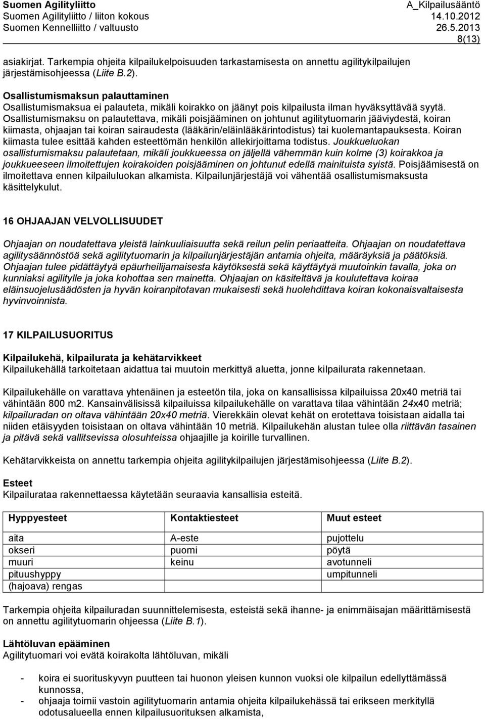 Osallistumismaksu on palautettava, mikäli poisjääminen on johtunut agilitytuomarin jääviydestä, koiran kiimasta, ohjaajan tai koiran sairaudesta (lääkärin/eläinlääkärintodistus) tai