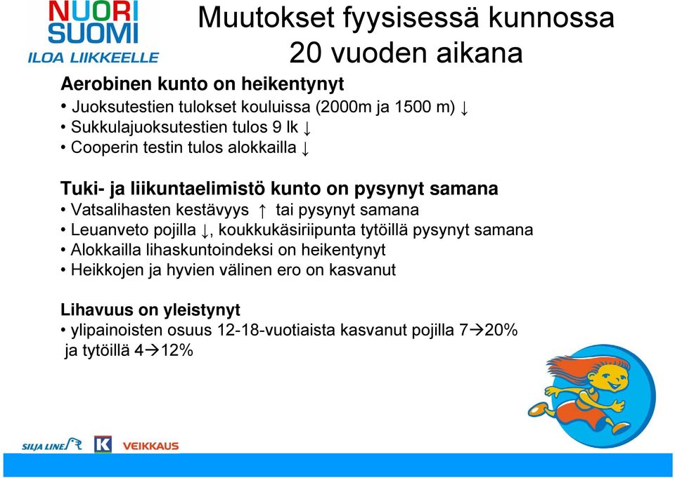kestävyys tai pysynyt samana Leuanveto pojilla, koukkukäsiriipunta tytöillä pysynyt samana Alokkailla lihaskuntoindeksi on heikentynyt