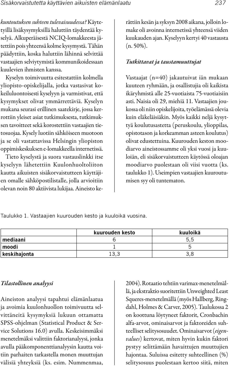 Kyselyn toimivuutta esitestattiin kolmella yliopisto-opiskelijalla, jotka vastasivat kokeiluluontoisesti kyselyyn ja varmistivat, että kysymykset olivat ymmärrettäviä.
