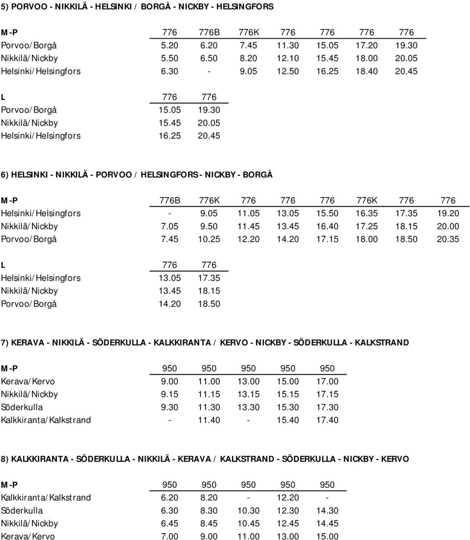 45 6) HELSINKI - NIKKILÄ - PORVOO / HELSINGFORS - NICKBY - BORGÅ M-P 776B 776K 776 776 776 776K 776 776 Helsinki/Helsingfors - 9.05 11.05 13.05 15.50 16.35 17.35 19.20 Nikkilä/Nickby 7.05 9.50 11.