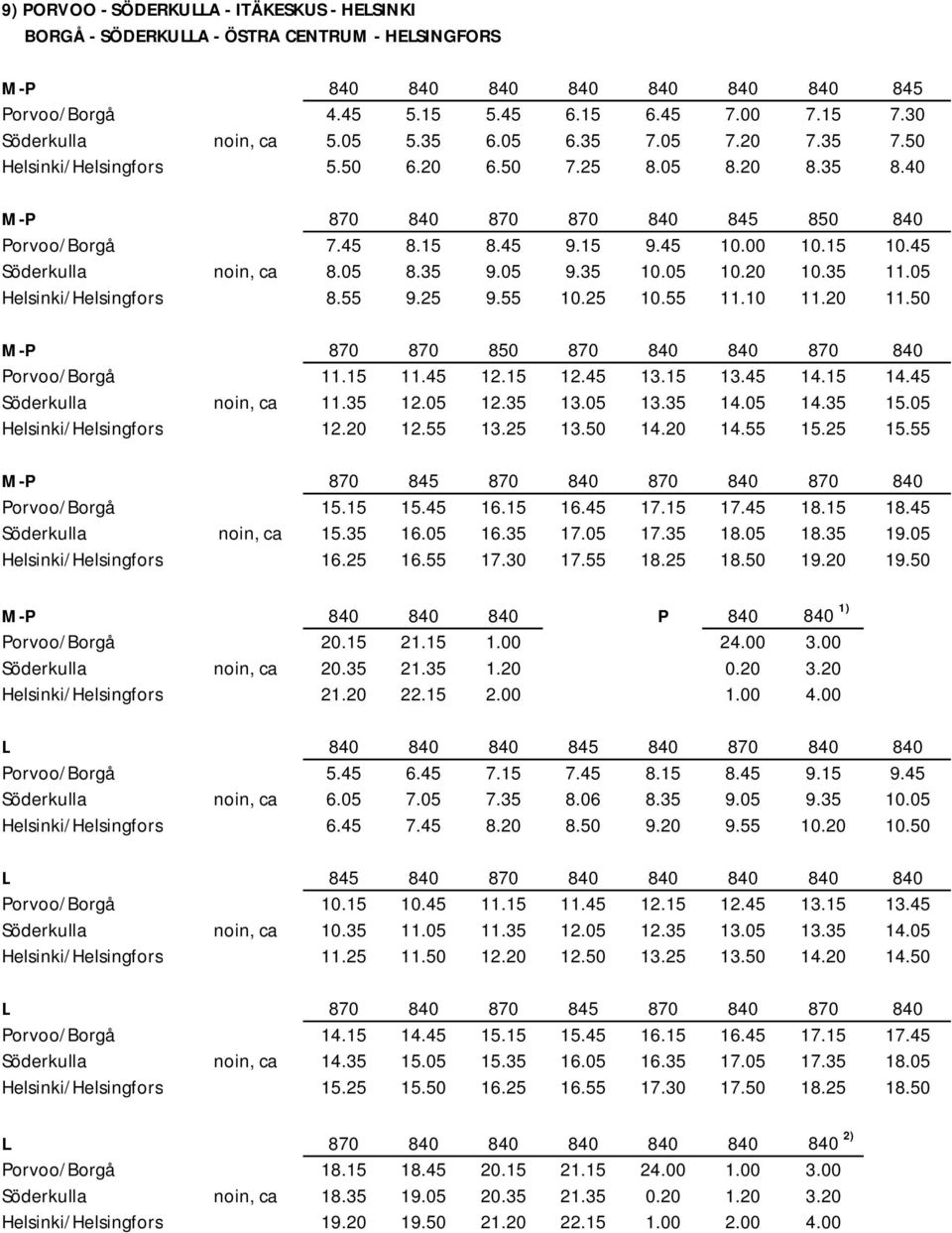 45 10.00 10.15 10.45 Söderkulla noin, ca 8.05 8.35 9.05 9.35 10.05 10.20 10.35 11.05 Helsinki/Helsingfors 8.55 9.25 9.55 10.25 10.55 11.10 11.20 11.