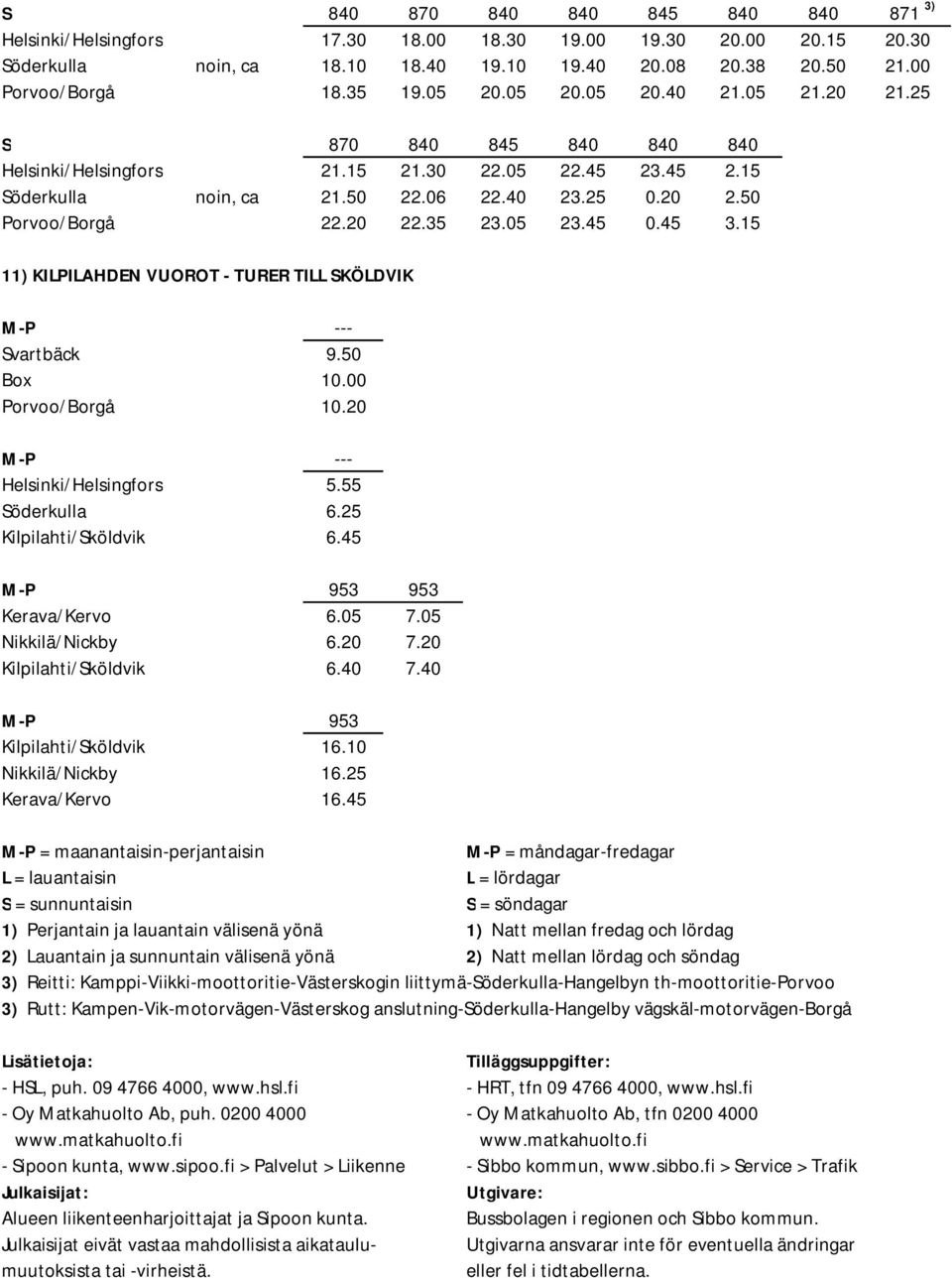 35 23.05 23.45 0.45 3.15 11) KILPILAHDEN VUOROT - TURER TILL SKÖLDVIK M-P --- Svartbäck 9.50 Box 10.00 Porvoo/Borgå 10.20 M-P --- Helsinki/Helsingfors 5.55 Söderkulla 6.25 Kilpilahti/Sköldvik 6.
