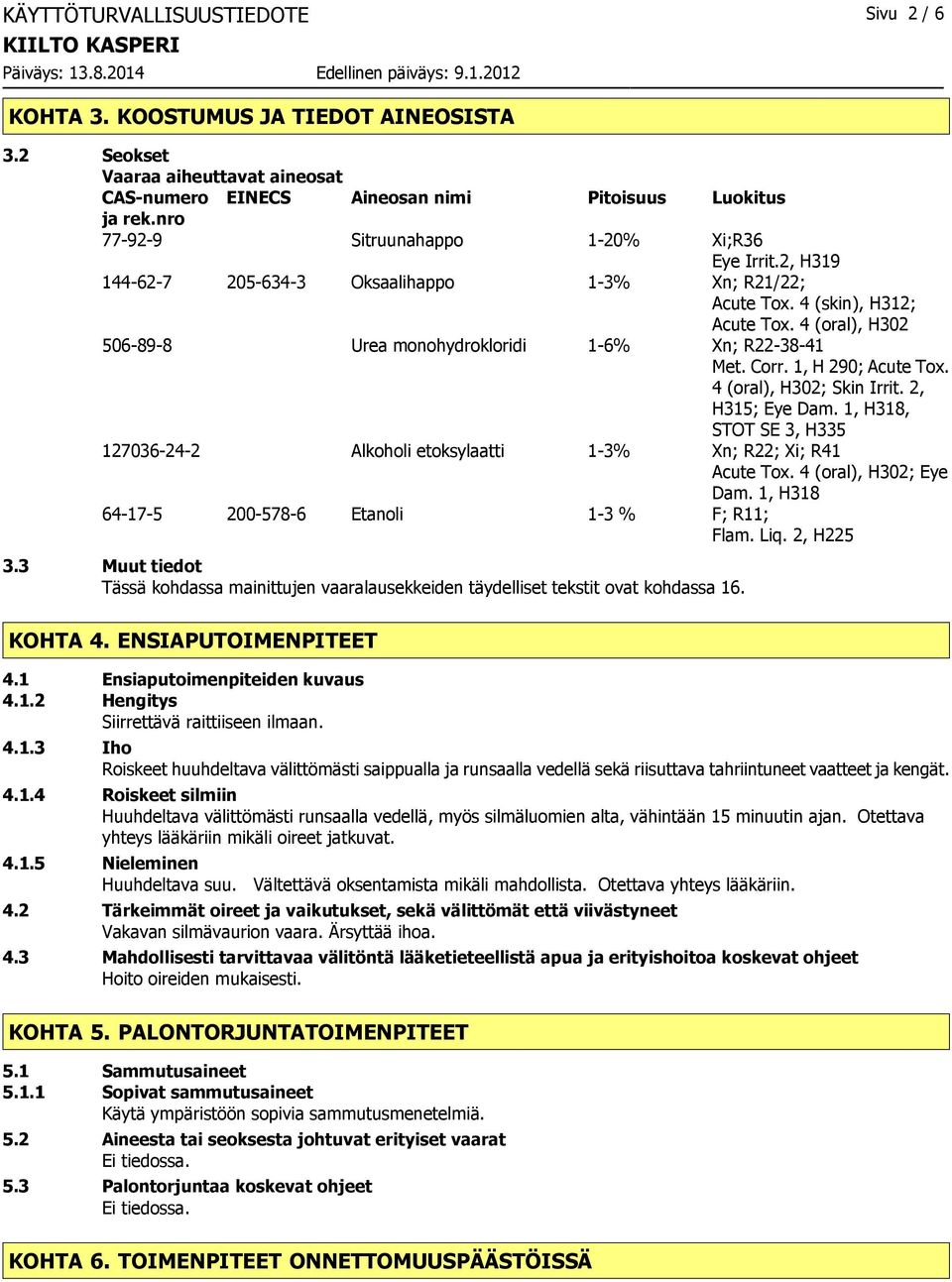 4 (oral), H302 506-89-8 Urea monohydrokloridi 1-6% Xn; R22-38-41 Met. Corr. 1, H 290; Acute Tox. 4 (oral), H302; Skin Irrit. 2, H315; Eye Dam.