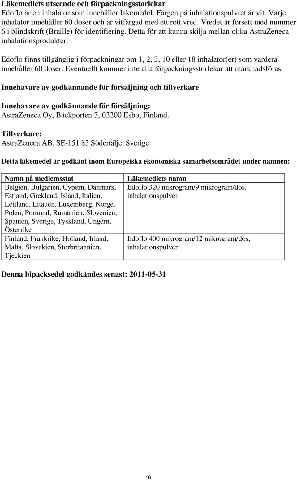 Detta för att kunna skilja mellan olika AstraZeneca inhalationsprodukter. Edoflo finns tillgänglig i förpackningar om 1, 2, 3, 10 eller 18 inhalator(er) som vardera innehåller 60 doser.