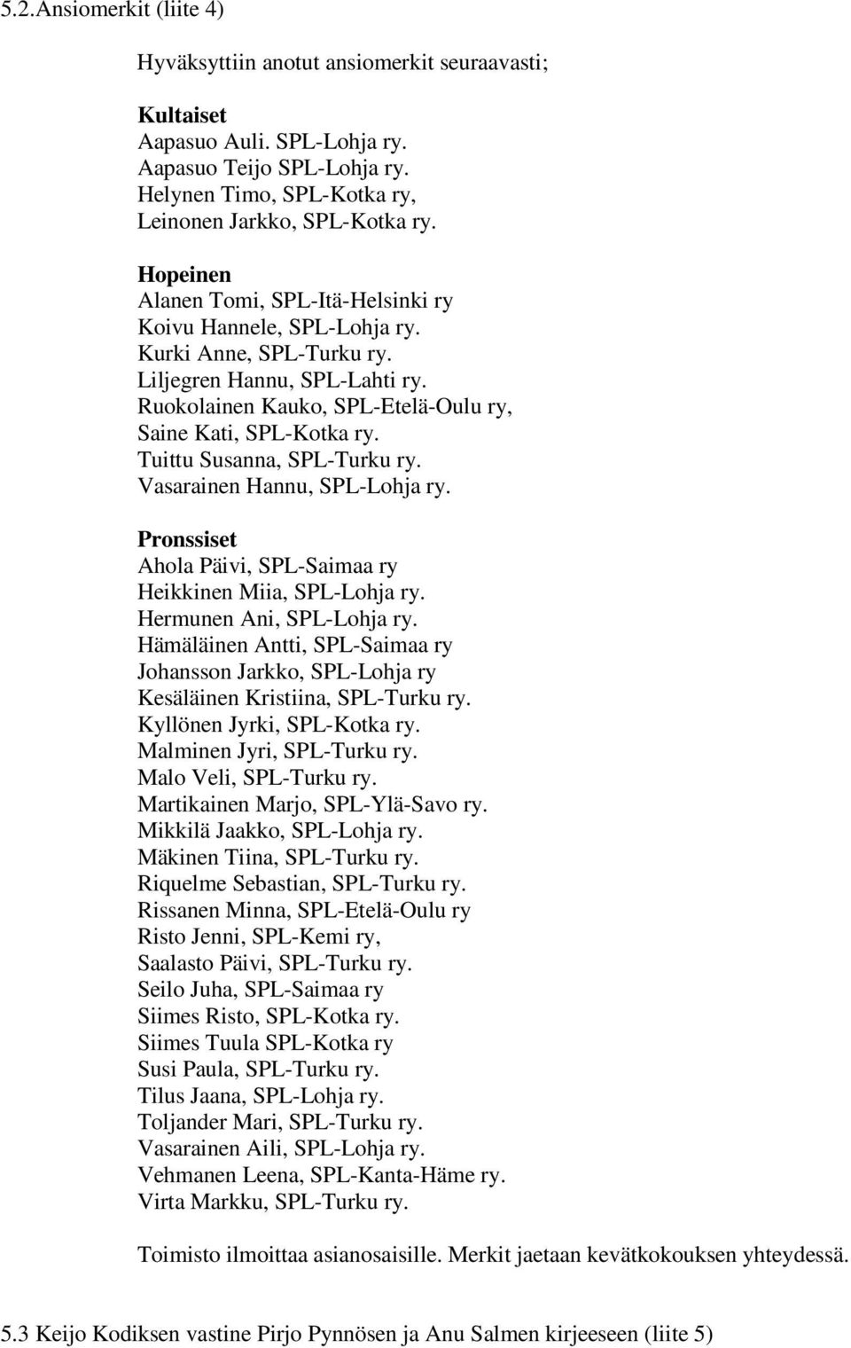 Tuittu Susanna, SPL-Turku ry. Vasarainen Hannu, SPL-Lohja ry. Pronssiset Ahola Päivi, SPL-Saimaa ry Heikkinen Miia, SPL-Lohja ry. Hermunen Ani, SPL-Lohja ry.