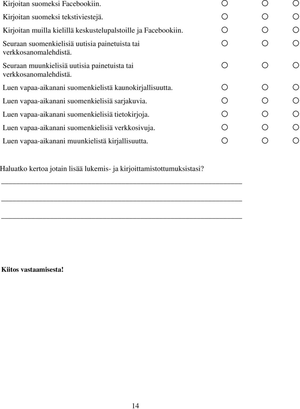 Luen vapaa-aikanani suomenkielistä kaunokirjallisuutta. Luen vapaa-aikanani suomenkielisiä sarjakuvia. Luen vapaa-aikanani suomenkielisiä tietokirjoja.