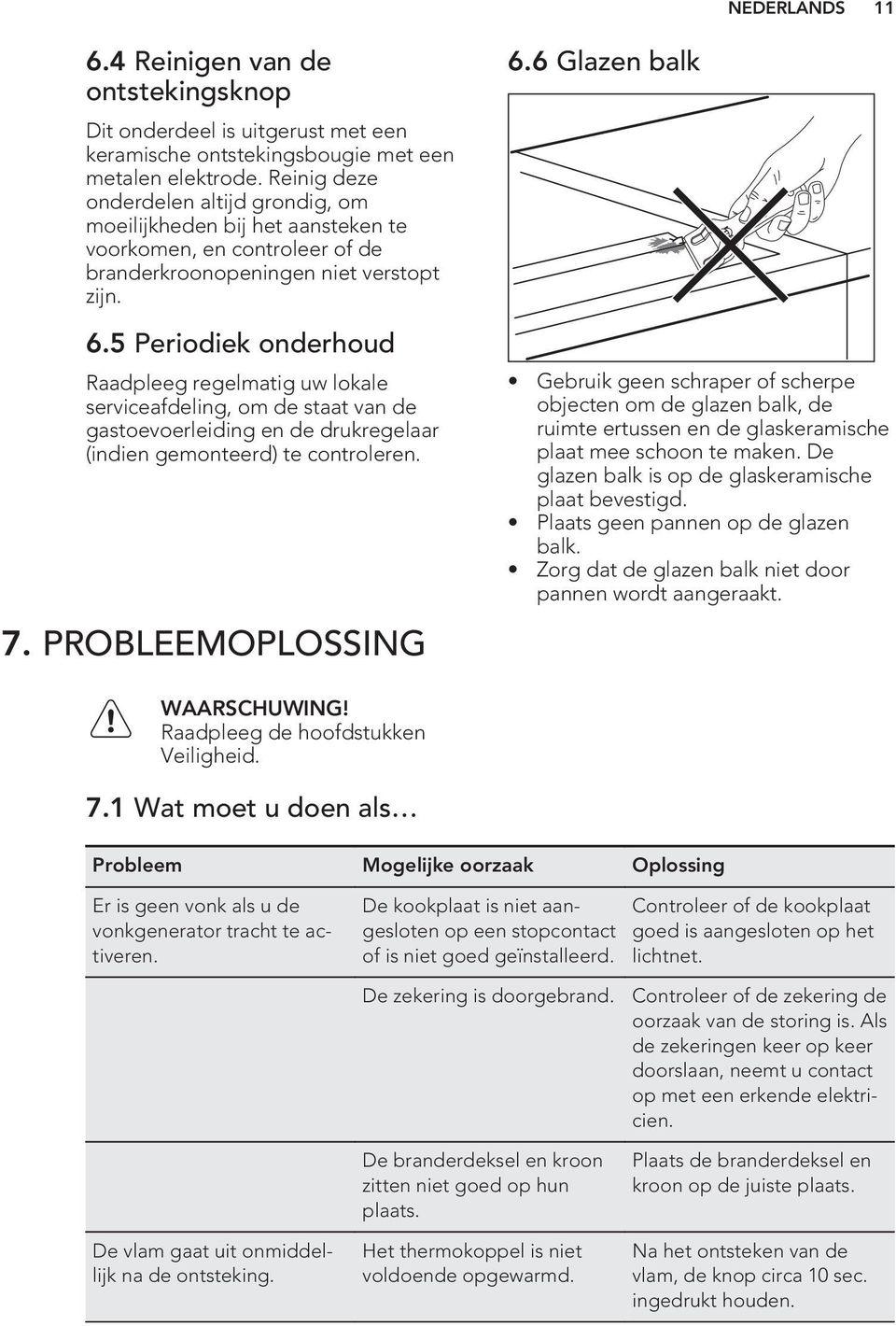 5 Periodiek onderhoud Raadpleeg regelmatig uw lokale serviceafdeling, om de staat van de gastoevoerleiding en de drukregelaar (indien gemonteerd) te controleren. 7. PROBLEEMOPLOSSING 6.
