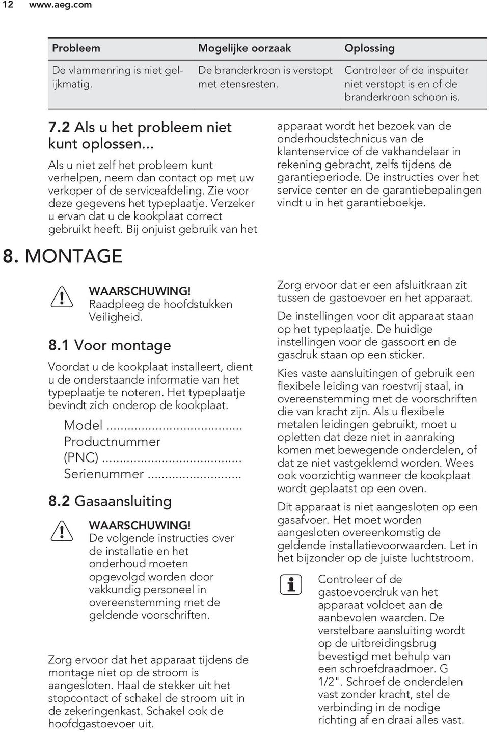 Verzeker u ervan dat u de kookplaat correct gebruikt heeft. Bij onjuist gebruik van het 8.