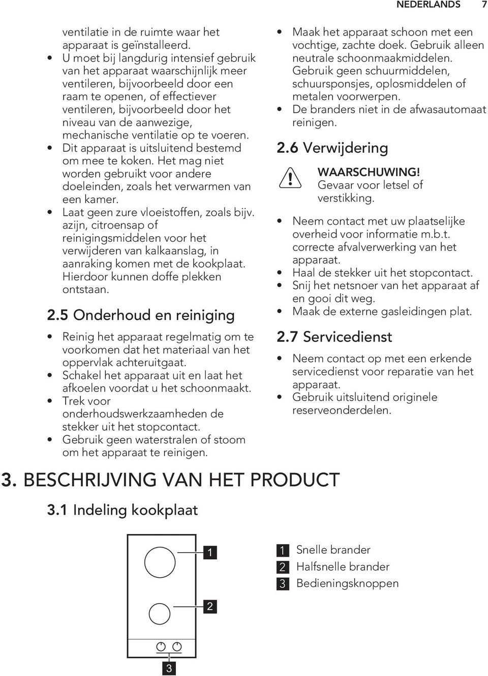 mechanische ventilatie op te voeren. Dit apparaat is uitsluitend bestemd om mee te koken. Het mag niet worden gebruikt voor andere doeleinden, zoals het verwarmen van een kamer.