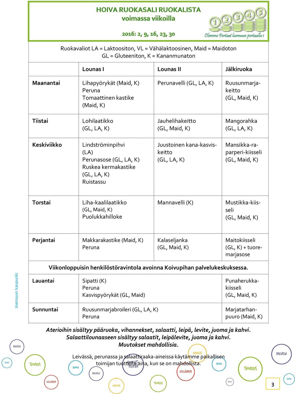 Liha-kaalilaatikko Puolukkahilloke Mannavelli (K) Mustikka-kiisseli Makkarakastike Kalaseljanka Sipatti (K)