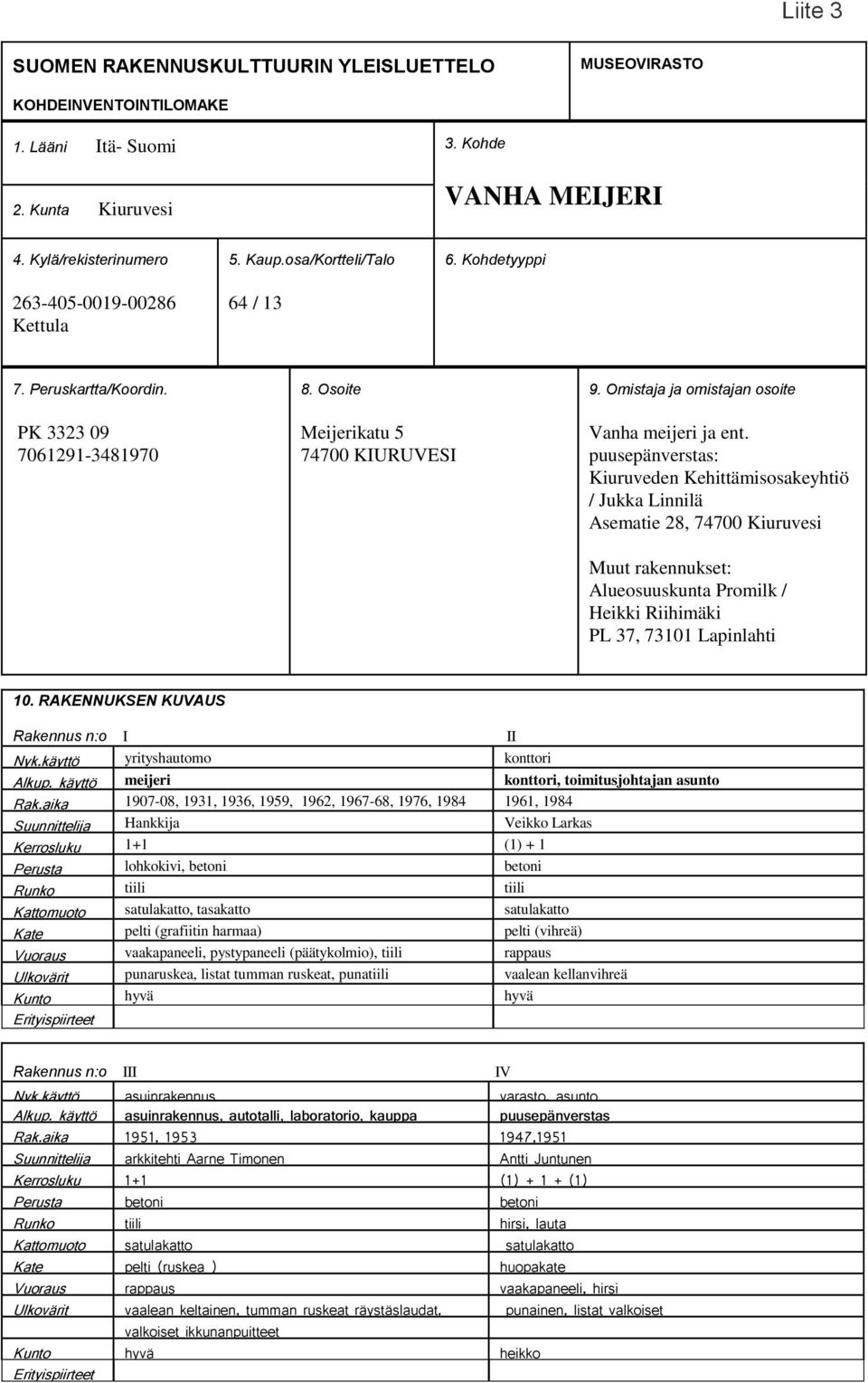 puusepänverstas: Kiuruveden Kehittämisosakeyhtiö / Jukka Linnilä Asematie 28, 74700 Kiuruvesi Muut rakennukset: Alueosuuskunta Promilk / Heikki Riihimäki PL 37, 73101 Lapinlahti 10.