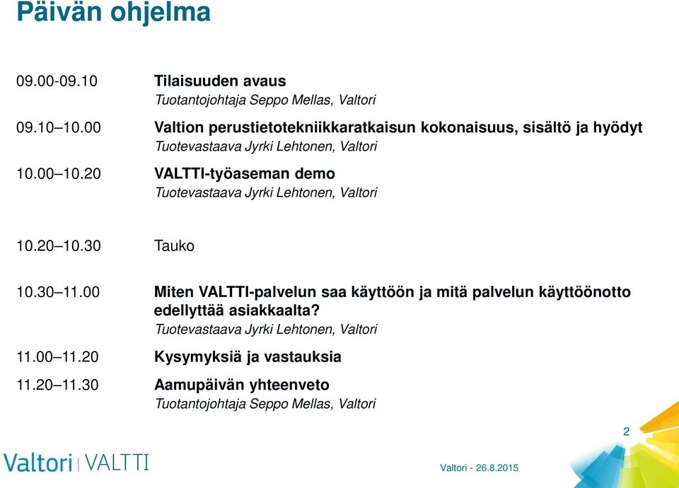 20 -työaseman demo Tuotevastaava Jyrki Lehtonen, Valtori 10.20 10.30 Tauko 10.30 11.