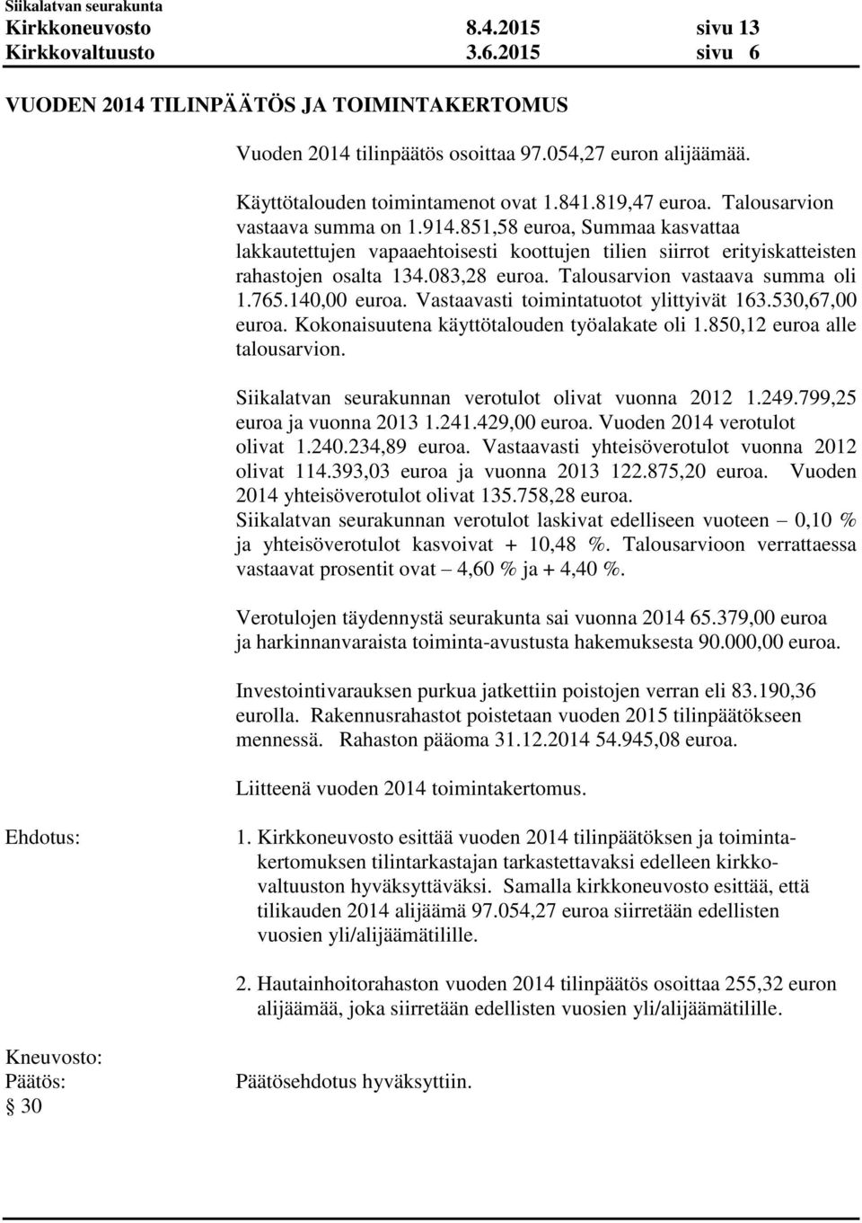 851,58 euroa, Summaa kasvattaa lakkautettujen vapaaehtoisesti koottujen tilien siirrot erityiskatteisten rahastojen osalta 134.083,28 euroa. Talousarvion vastaava summa oli 1.765.140,00 euroa.