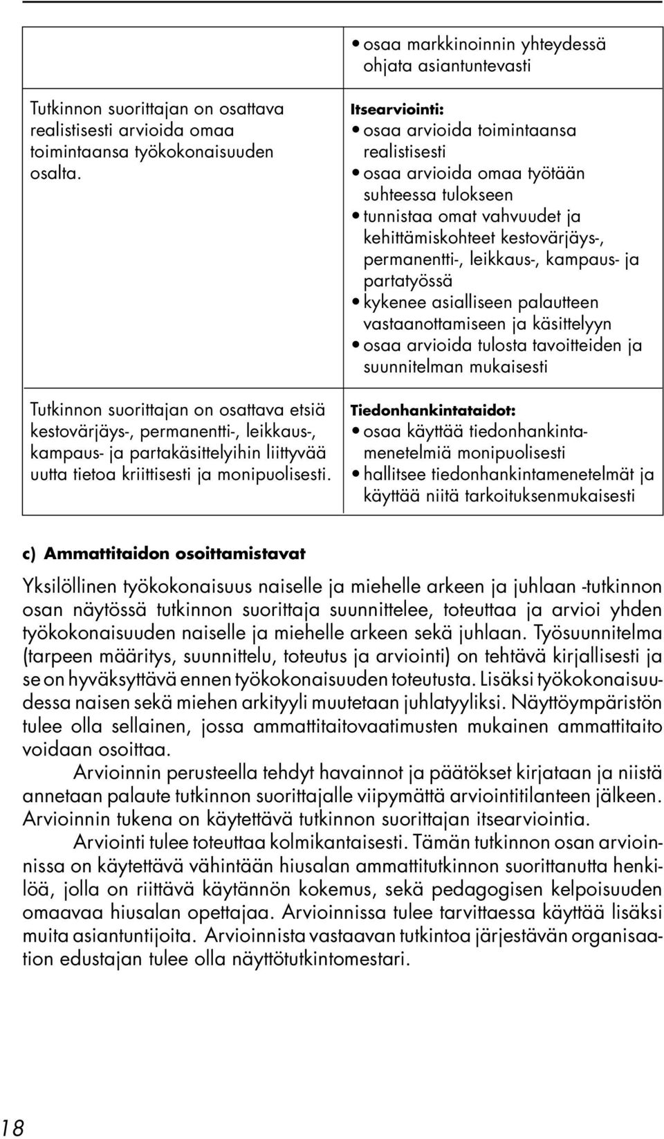 Itsearviointi: osaa arvioida toimintaansa realistisesti osaa arvioida omaa työtään suhteessa tulokseen tunnistaa omat vahvuudet ja kehittämiskohteet kestovärjäys-, permanentti-, leikkaus-, kampaus-