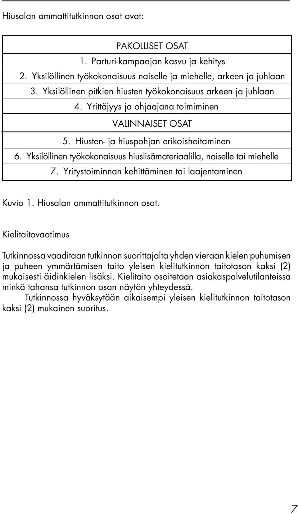 Yksilöllinen työkokonaisuus hiuslisämateriaalilla, naiselle tai miehelle 7. Yritystoiminnan kehittäminen tai laajentaminen Kuvio 1. Hiusalan ammattitutkinnon osat.