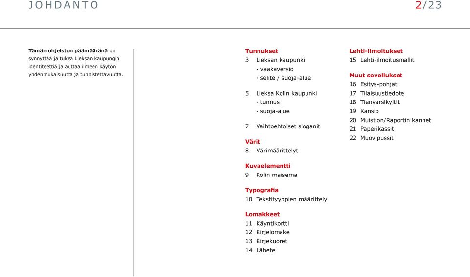 Lehti-ilmoitukset 15 Lehti-ilmoitusmallit Muut sovellukset 16 Esitys-pohjat 17 Tilaisuustiedote 18 Tienvarsikyltit 19 Kansio 20 Muistion/Raportin kannet 21