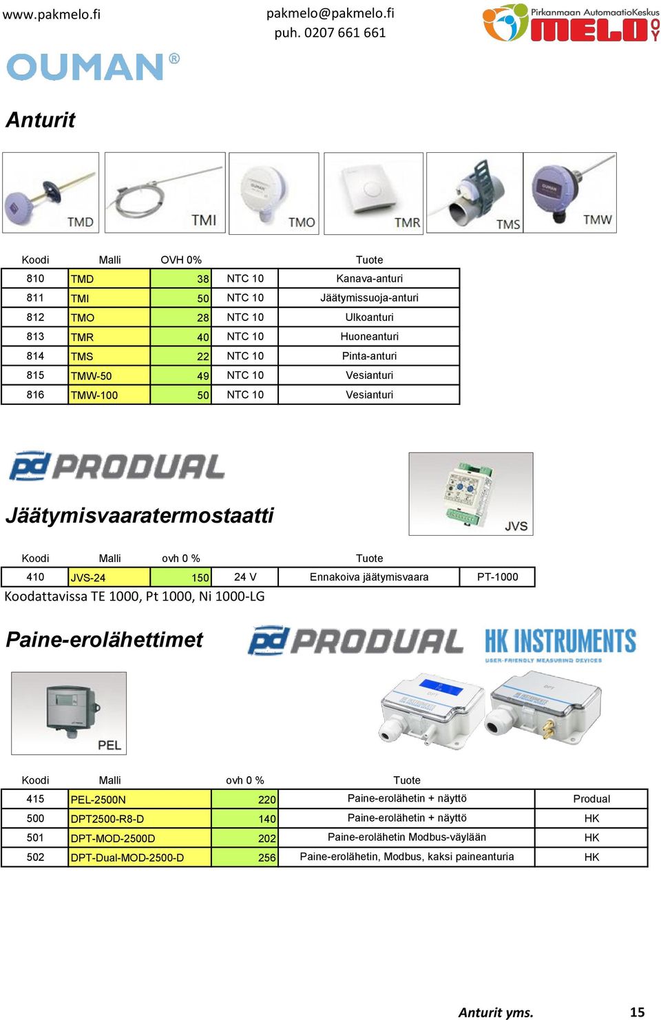 jäätymisvaara PT-1000 Koodattavissa TE 1000, Pt 1000, Ni 1000-LG Paine-erolähettimet Koodi Malli ovh 0 % Tuote 415 PEL-2500N 220 Paine-erolähetin + näyttö Produal 500