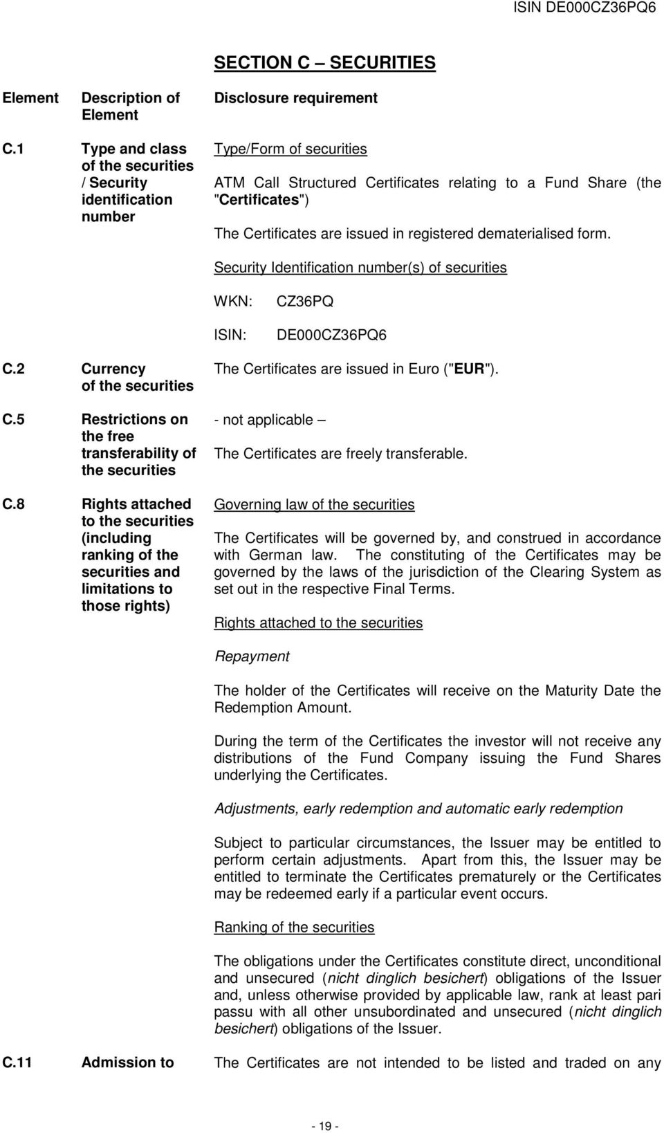 in registered dematerialised form. Security Identification number(s) of securities WKN: ISIN: CZ36PQ DE000CZ36PQ6 C.2 Currency of the securities C.