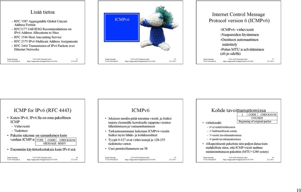 automaattinen määrittely - Polun MTU:n selvittäminen (oli jo edellä) 55 56 57 ICMP for IPv6 (FC 4443) Kuten IPv4, IPv6:lla on oma pakollinen ICMP Virheviestit Tiedotteet Paketin rakenne on