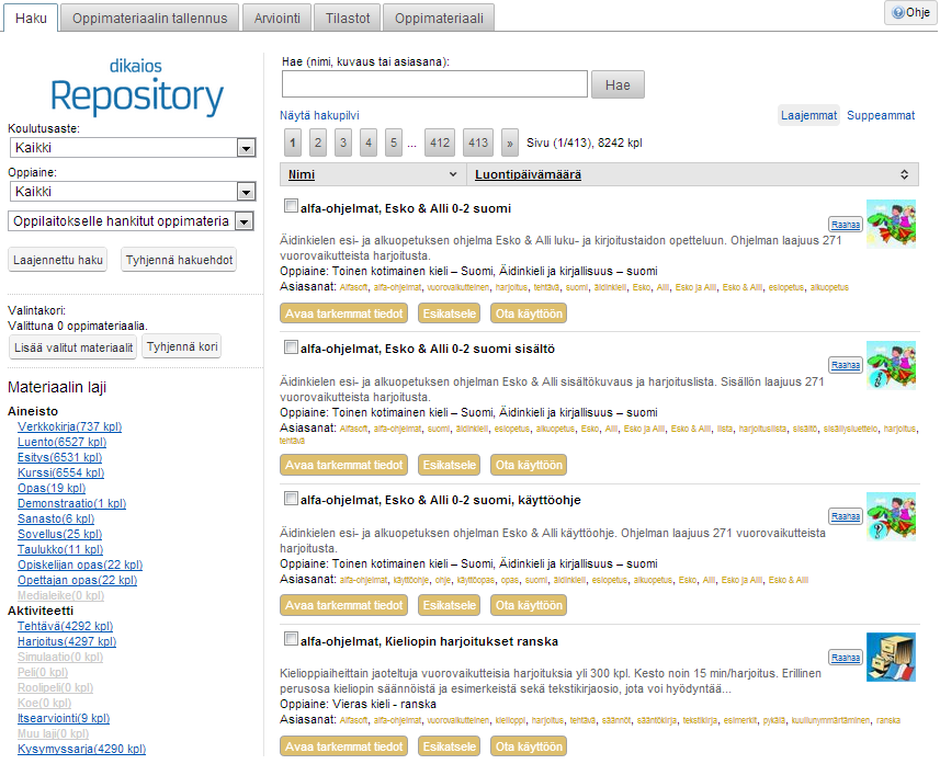 3. 2. 1. 4. Oppimateriaalien tallennus Dikaios Repositoryyn ja metadatoitus Myös opettajilla on mahdollisuus lisätä omaa oppimateriaalia Dikaios Repositoryyn.