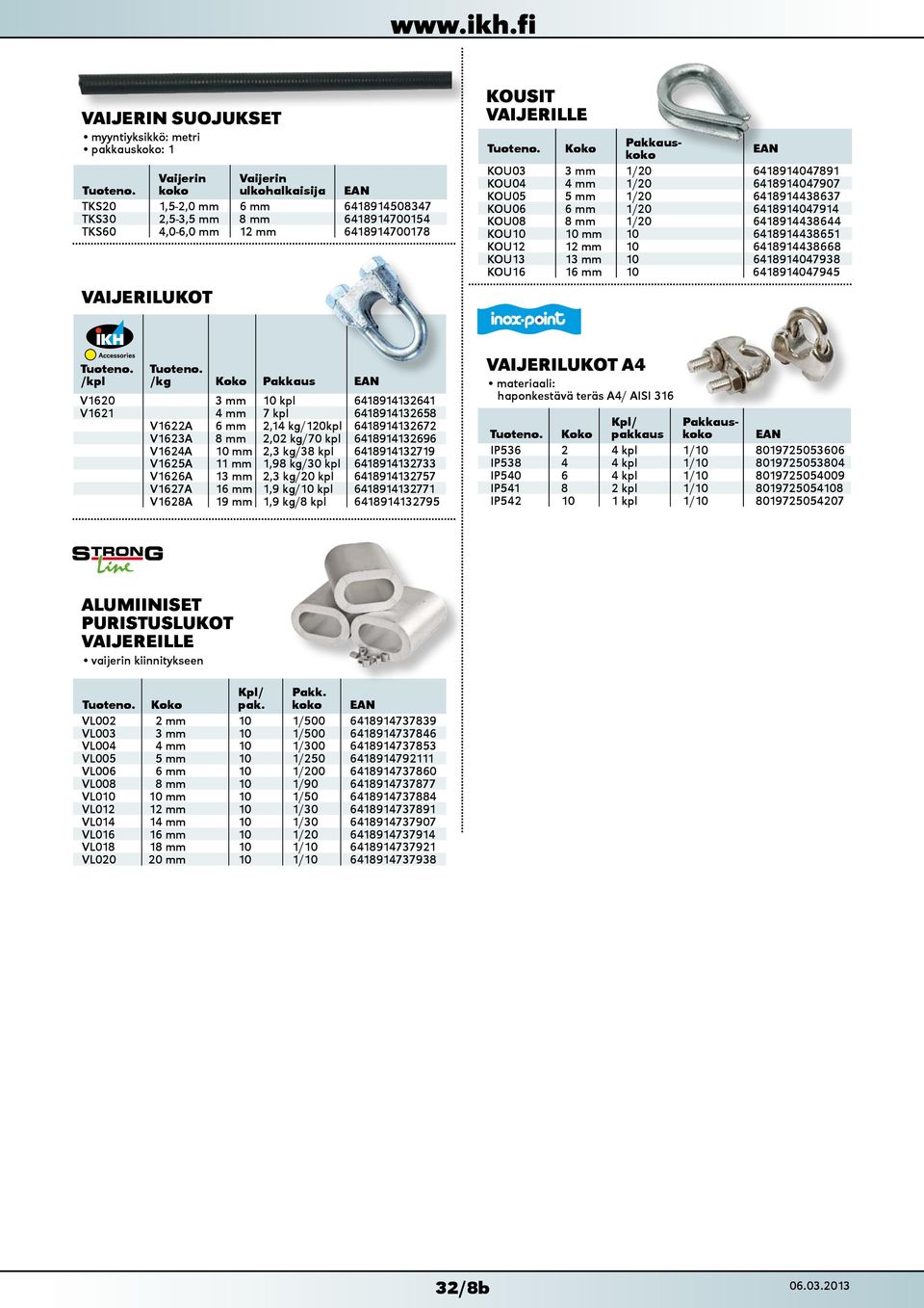 kg/38 kpl 6418914132719 V1625 11 mm 1,98 kg/30 kpl 6418914132733 V1626 13 mm 2,3 kg/20 kpl 6418914132757 V1627 16 mm 1,9 kg/10 kpl 6418914132771 V1628 19 mm 1,9 kg/8 kpl 6418914132795 VIJERILUKOT 4