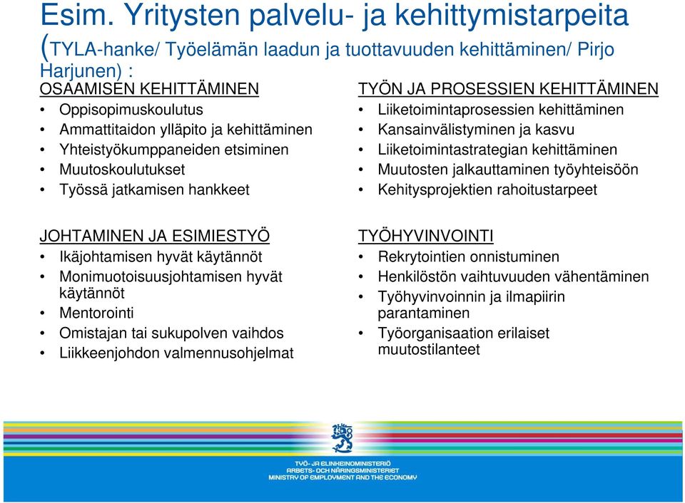 Liiketoimintastrategian kehittäminen Muutosten jalkauttaminen työyhteisöön Kehitysprojektien rahoitustarpeet JOHTAMINEN JA ESIMIESTYÖ Ikäjohtamisen hyvät käytännöt Monimuotoisuusjohtamisen hyvät