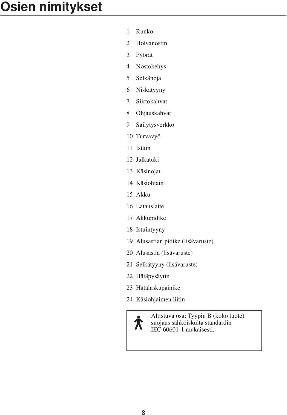 Istuintyyny 19 Alusastian pidike (lisävaruste) 20 Alusastia (lisävaruste) 21 Selkätyyny (lisävaruste) 22 Hätäpysäytin 23