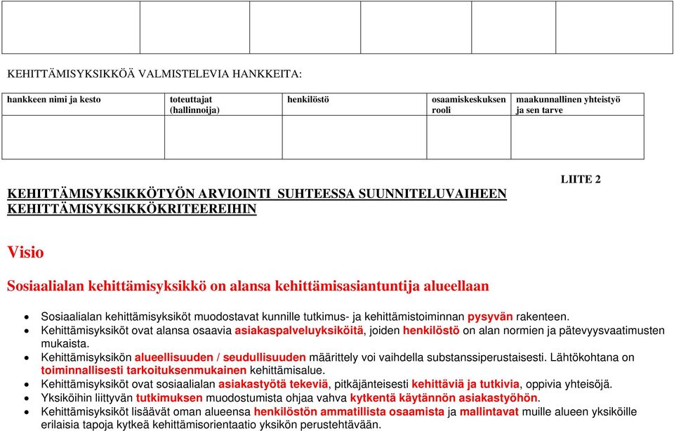 tutkimus- ja kehittämistoiminnan pysyvän rakenteen. Kehittämisyksiköt ovat alansa osaavia asiakaspalveluyksiköitä, joiden henkilöstö on alan normien ja pätevyysvaatimusten mukaista.