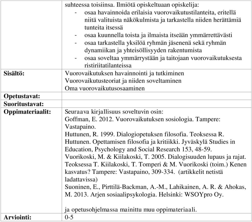 ja ilmaista itseään ymmärrettävästi - osaa tarkastella yksilöä ryhmän jäsenenä sekä ryhmän dynamiikan ja yhteisöllisyyden rakentumista - osaa soveltaa ymmärrystään ja taitojaan vuorovaikutuksesta