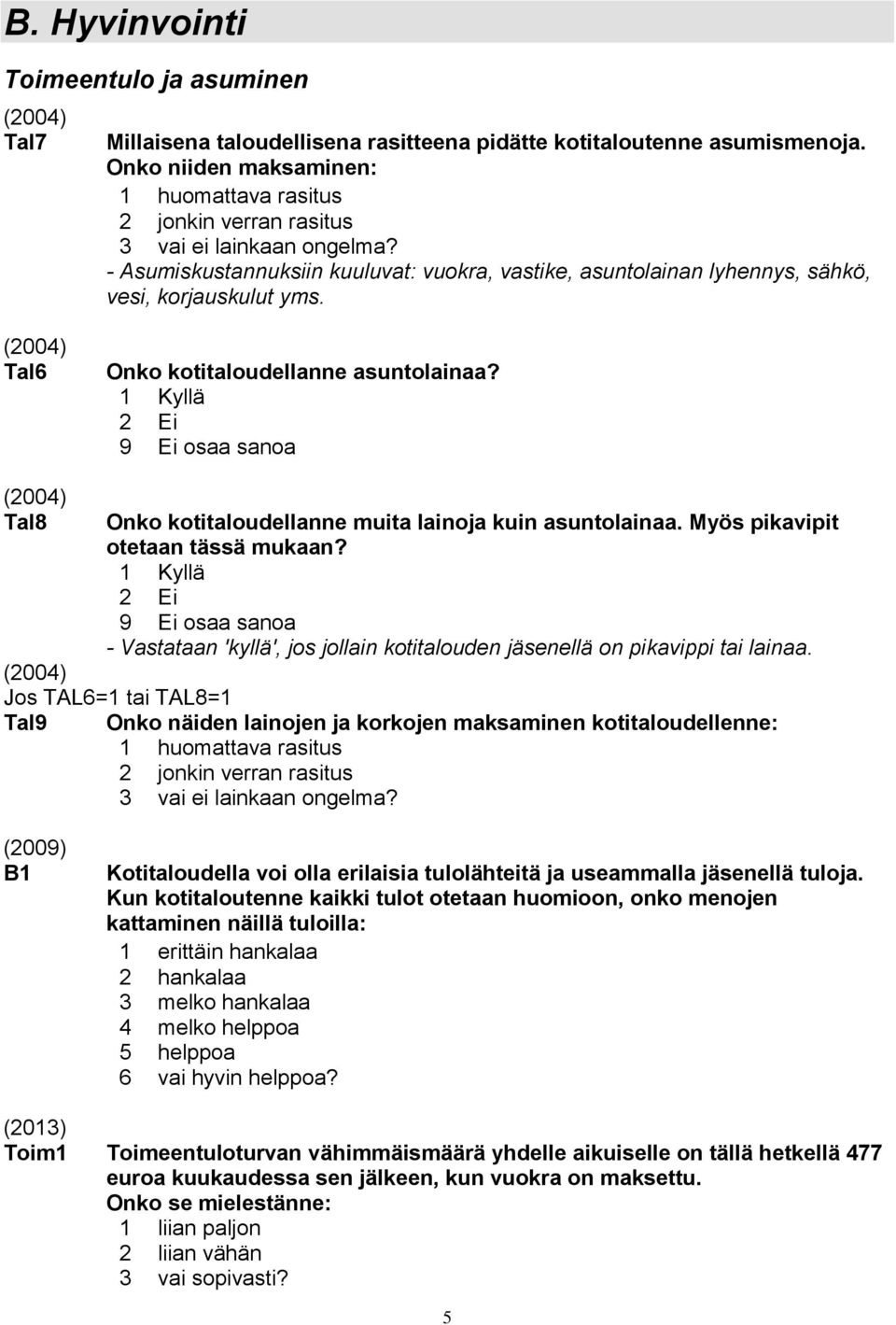 (2004) Tal6 Onko kotitaloudellanne asuntolainaa? 9 Ei osaa sanoa (2004) Tal8 Onko kotitaloudellanne muita lainoja kuin asuntolainaa. Myös pikavipit otetaan tässä mukaan?