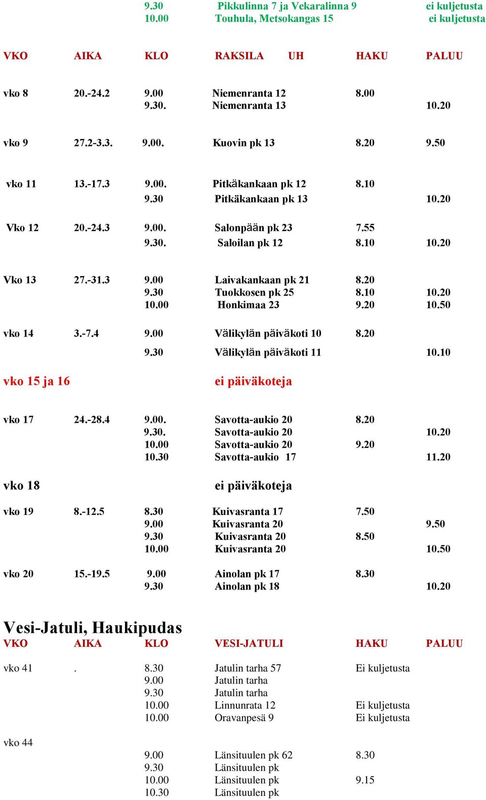 20 Vko 13 27.-31.3 9.00 Laivakankaan pk 21 8.20 9.30 Tuokkosen pk 25 8.10 10.20 10.00 Honkimaa 23 9.20 10.50 vko 14 3.-7.4 9.00 Välikylän päiväkoti 10 8.20 9.30 Välikylän päiväkoti 11 10.