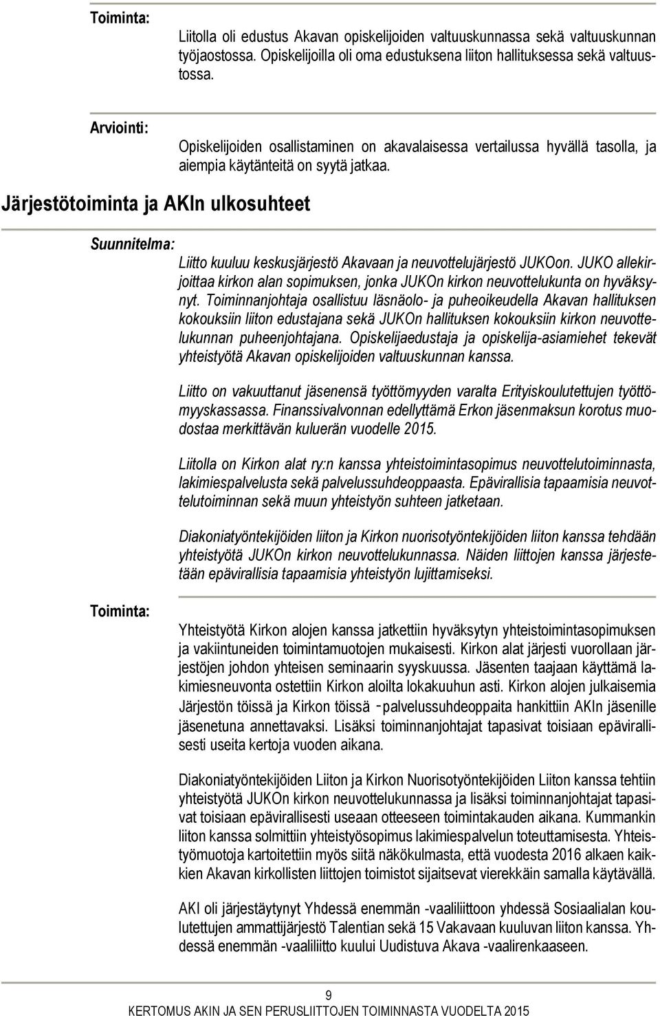 Järjestötoiminta ja AKIn ulkosuhteet Suunnitelma: Liitto kuuluu keskusjärjestö Akavaan ja neuvottelujärjestö JUKOon.